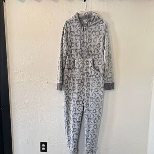 Cozy Grey Leopard-Print Hooded Onesie Pajama